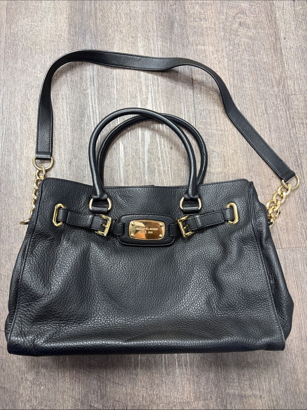 Michael Kors Black Pebbled Leather Satchel with Gold Hardware Plate